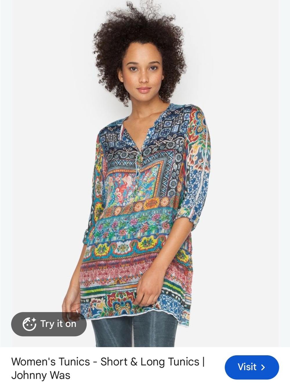 NWOT Johnny Was silk Blue Multicolor Patchwork-Print Tunic 398$ Msrp